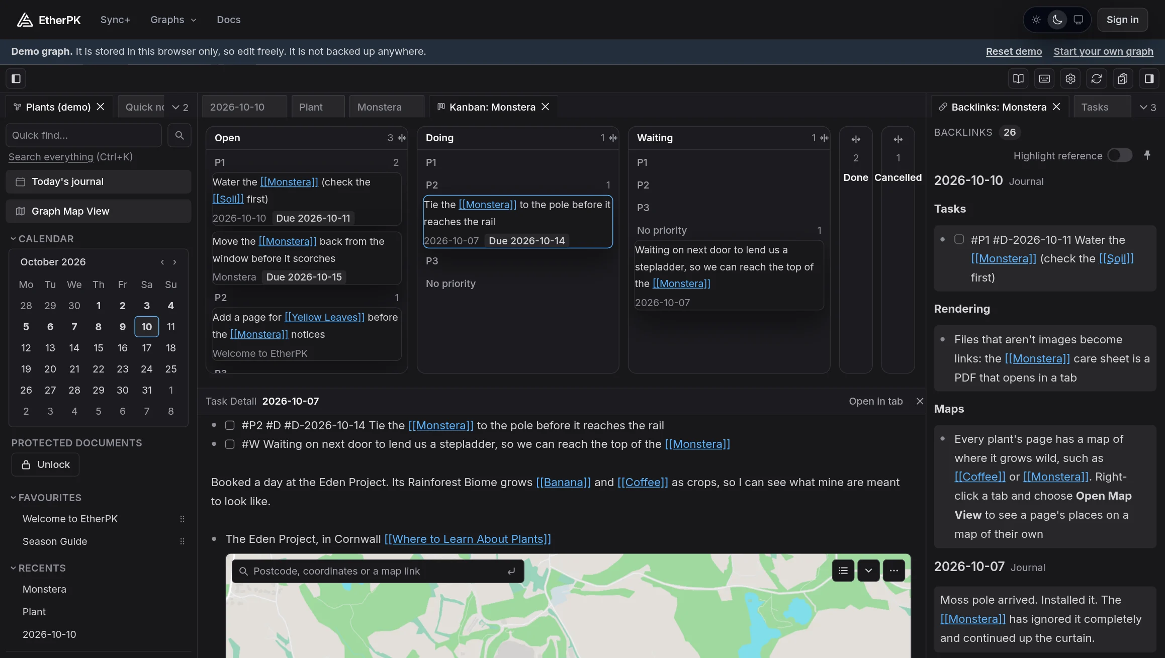 The EtherPK Client in the dark theme, showing a Kanban board of the tasks about the Monstera page, gathered from journal entries and pages across the demo graph into Open, Doing and Waiting columns grouped by priority. The chosen task is shown in its journal entry below the board.