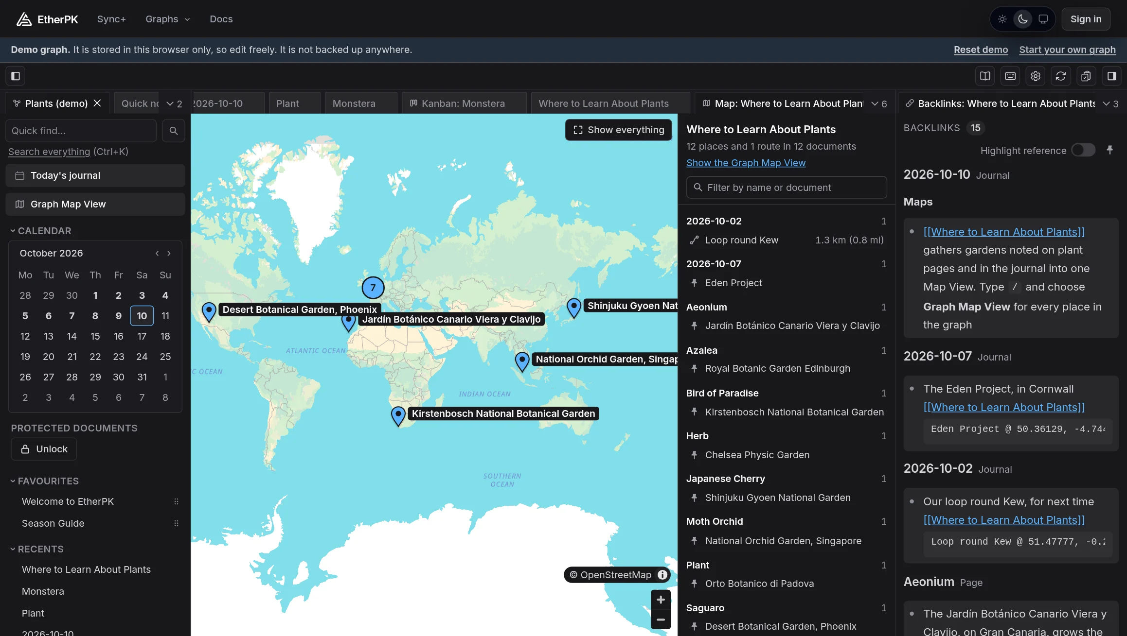 The EtherPK Client in the dark theme, showing a Map View of the botanical gardens noted under the Where to Learn About Plants page across the demo graph: pins on a world map, with a list beside it grouped by the document each place was noted in.